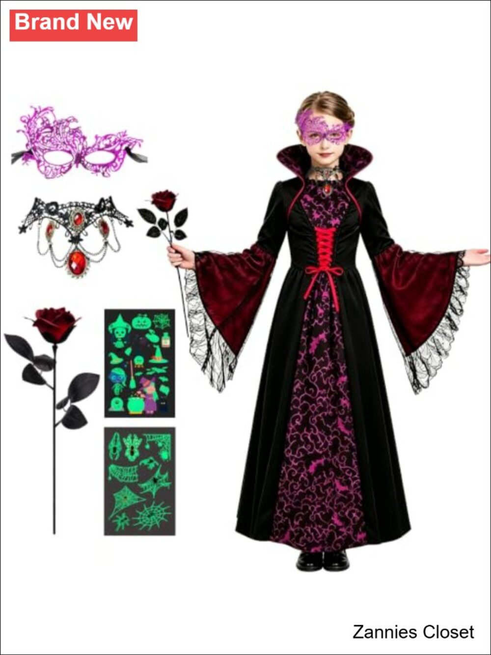 👻 Girls Royal Vampire Costume Set 6Pc Dress Mask Necklace Rose Tattoos